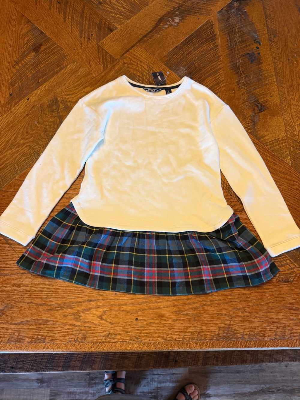 NWT Lands End  White Long-Sleeve Top with Plaid Skirt Hem Sz 14
